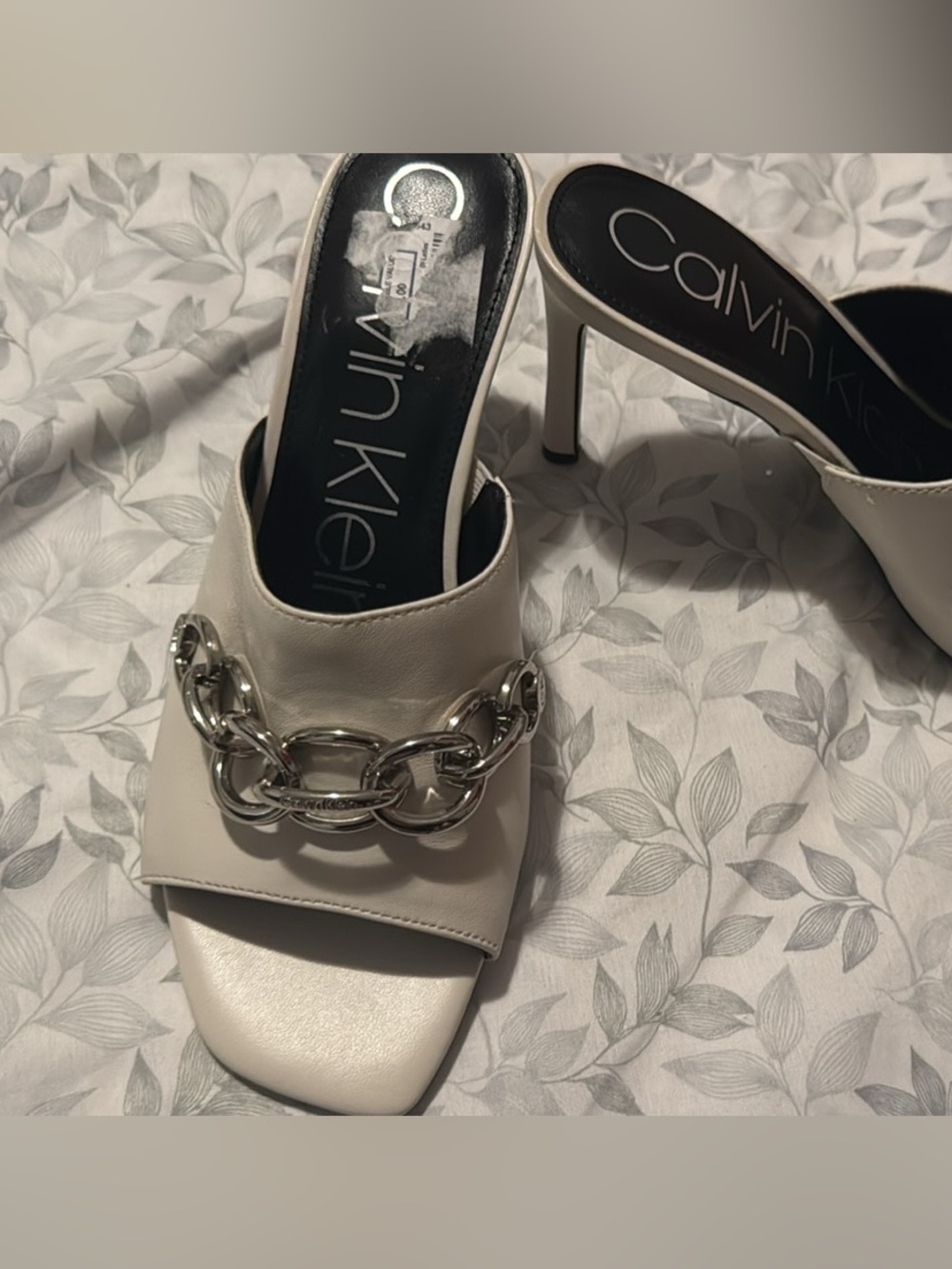 Calvin Klein Cream Mule Heels with Chunky Silver Chain